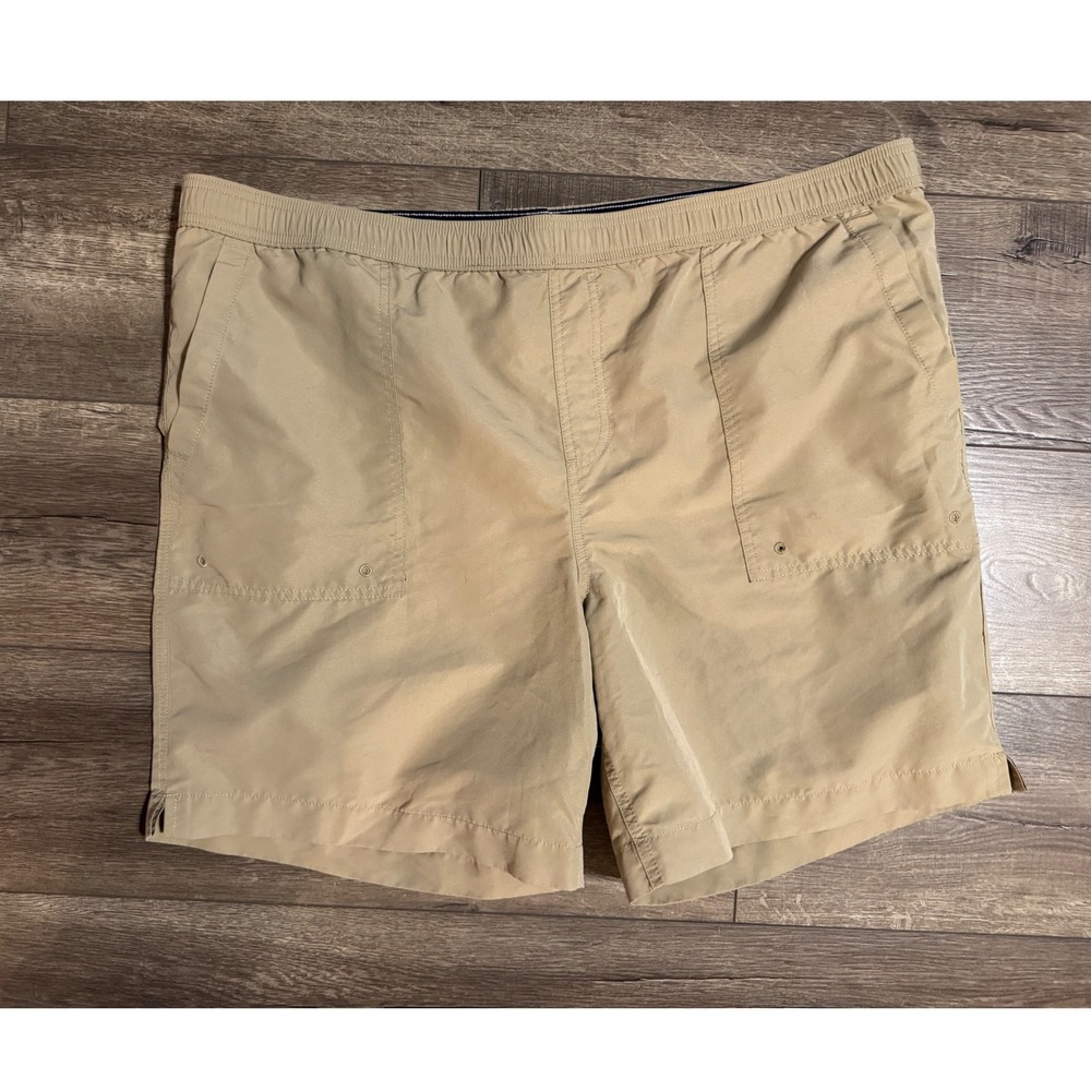 Lands' End Mens XL 40-42 Khaki Swim Trunks Shorts Elastic Waist‎ Mesh Lined